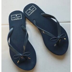 Kate Spade Navy Blue Bow Flip Flops Gold Hardware Thong Sandals Womens 5-6 Small